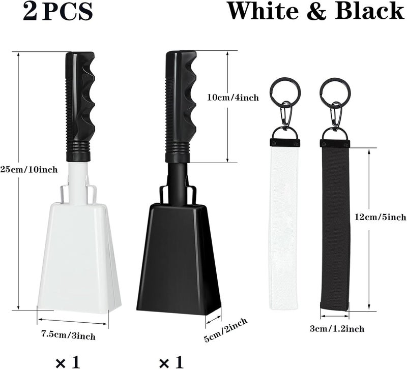 HEYLEAYAR 10Inch Cowbells Set with Handle for Sporting Events, 2Pcs Large Cow Bells with Wrist Straps, Loud Noise Makers for Football Games Spirit Marathon Weddings Party Noisemakers, White & Black - Image 2